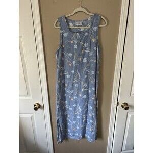Vintage Linen Maxi Dress Blend Blue Chambray Cottagecore Sleeveless 90s Floral L